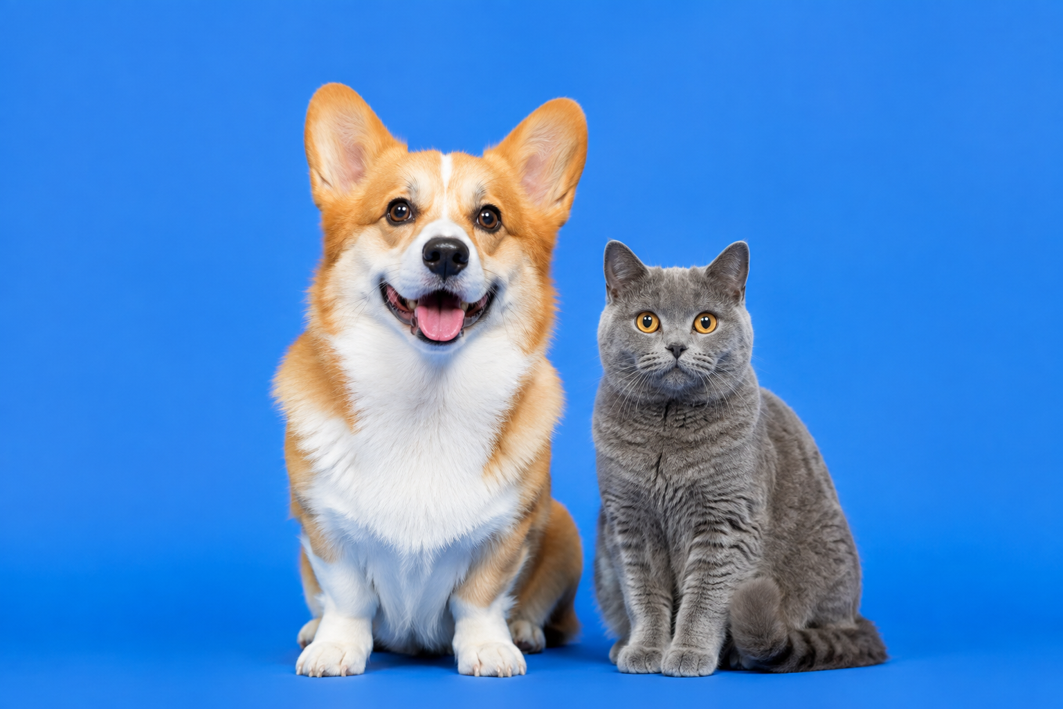 青い背景で並んで座るコーギーと猫